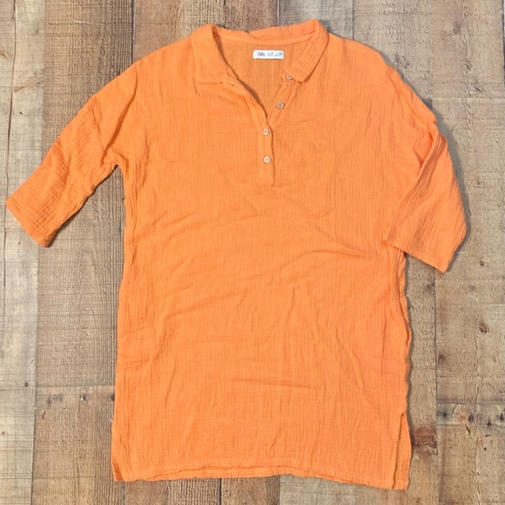 ZARA Orange‎ Gauze Henley Tunic Top 3/4 Sleeve Pockets Size 9 (Fits Women XS/S)